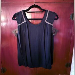 Color Block Blouse Sleeveless Black with Gold and Sheer Accents at Shoulder EUC